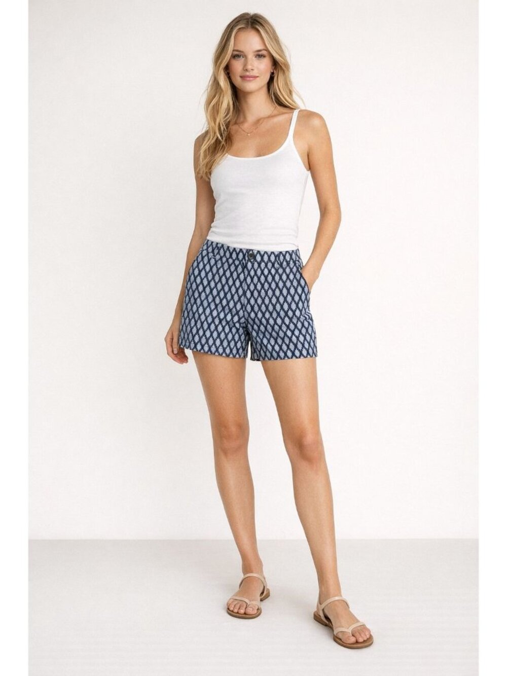 Gap City Shorts Flat Front Chino Womens 14 Cuffed Navy Blue Geometric Summer Vac